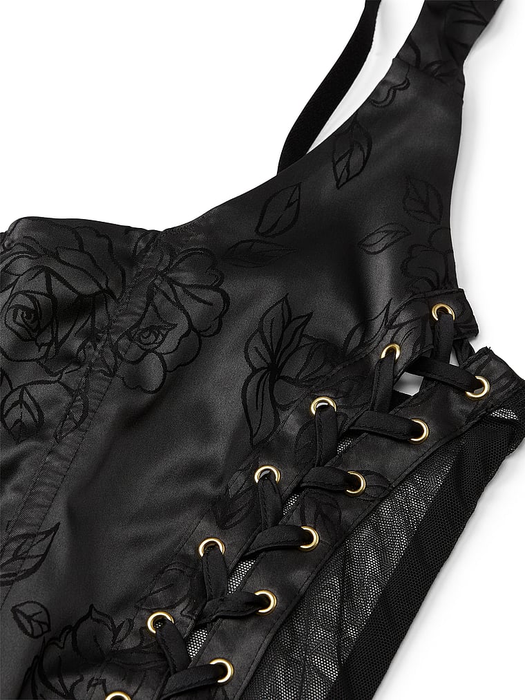 Victoria's Secret, Victoria's Secret Satin Jacquard Lace-Up Corset Top & Skirt Set, Black, detail, 4 of 4