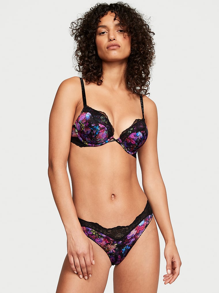 Victoria's Secret, Very Sexy Bombshell Add-2-Cups Shine Strap Push-Up Bra, Moody Floral, onModelSide, 3 of 4