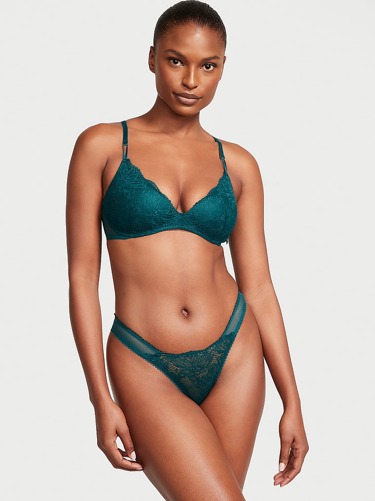 Victoria's Secret, The Lacie Lace-Front Brazilian Panty, Green, onModelSide, 1 of 4 Tsheca  is 5'9" or 175cm and wears Small