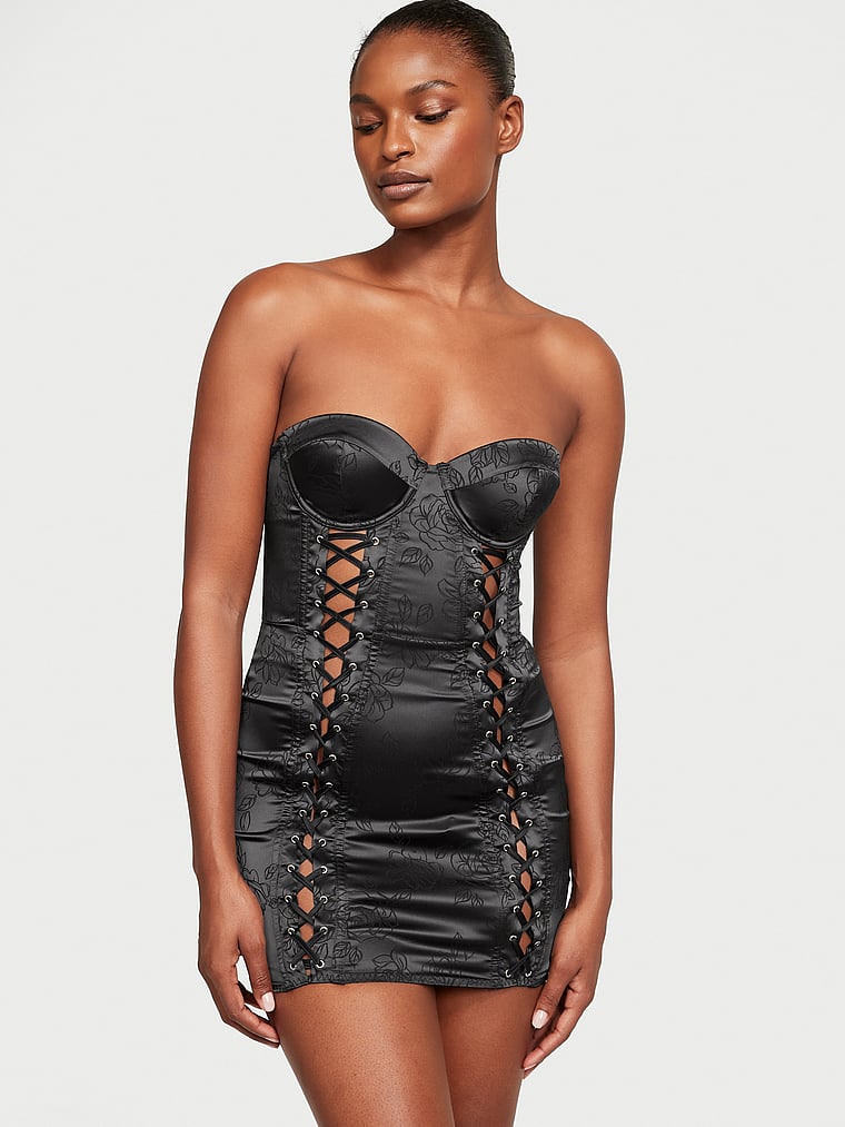 Victoria's Secret, Victoria's Secret Satin Jacquard Lace-Up Corset Slip, Black, onModelFront, 1 of 4 Tsheca  is 5'9" and wears Small