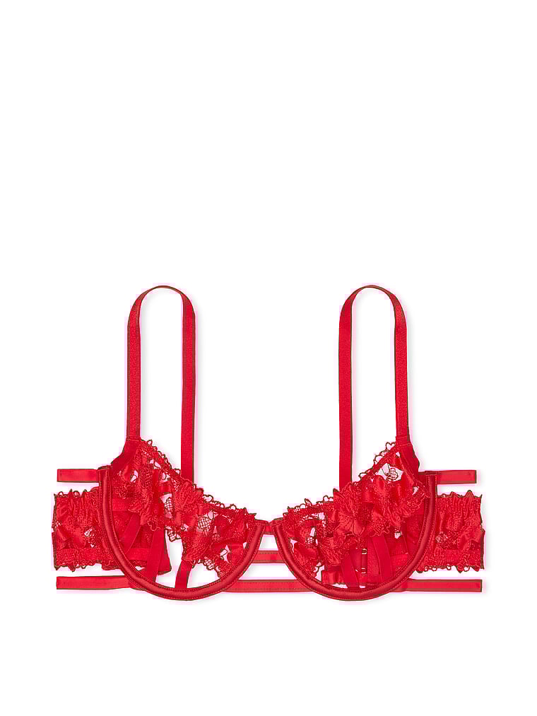 Victoria's Secret, Very Sexy Satin Ziggy Glam Floral Embroidery Strappy Open-Cup Bra , Lipstick, offModelFront, 4 of 5