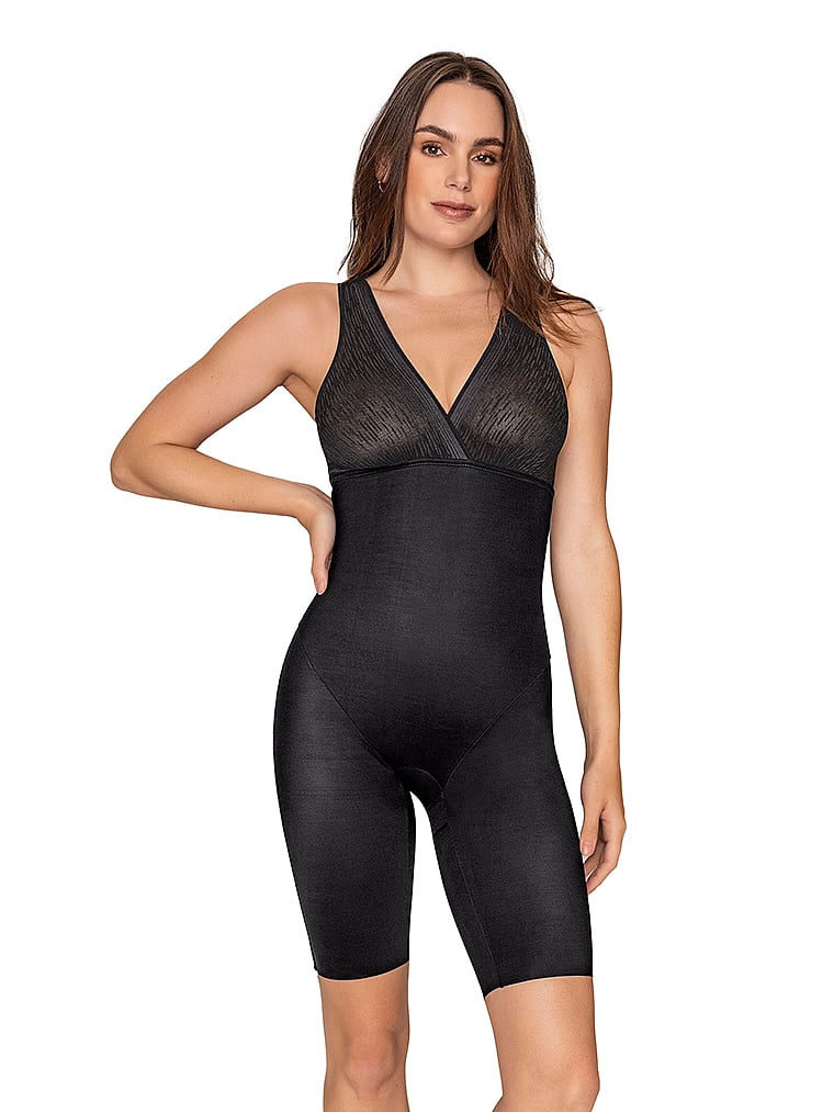 Victoria's Secret, Leonisa Shapewear Targeted Compression Sculpting Mid-Thigh Bodysuit Shaper, Black, onModelFront, 1 of 3
