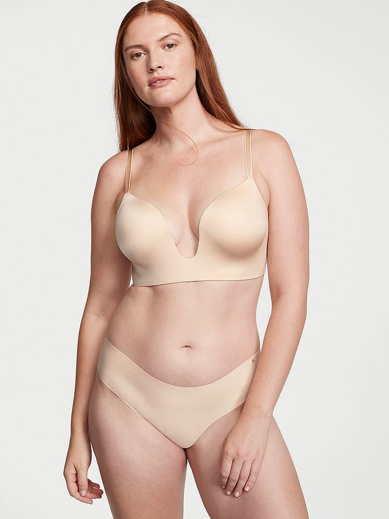 Victoria's Secret, Victoria's Secret Bare Plunge Low-Back Bra, Marzipan, onModelSide, 4 of 4 Katy is 5'11" or 180cm and wears 36D or Large