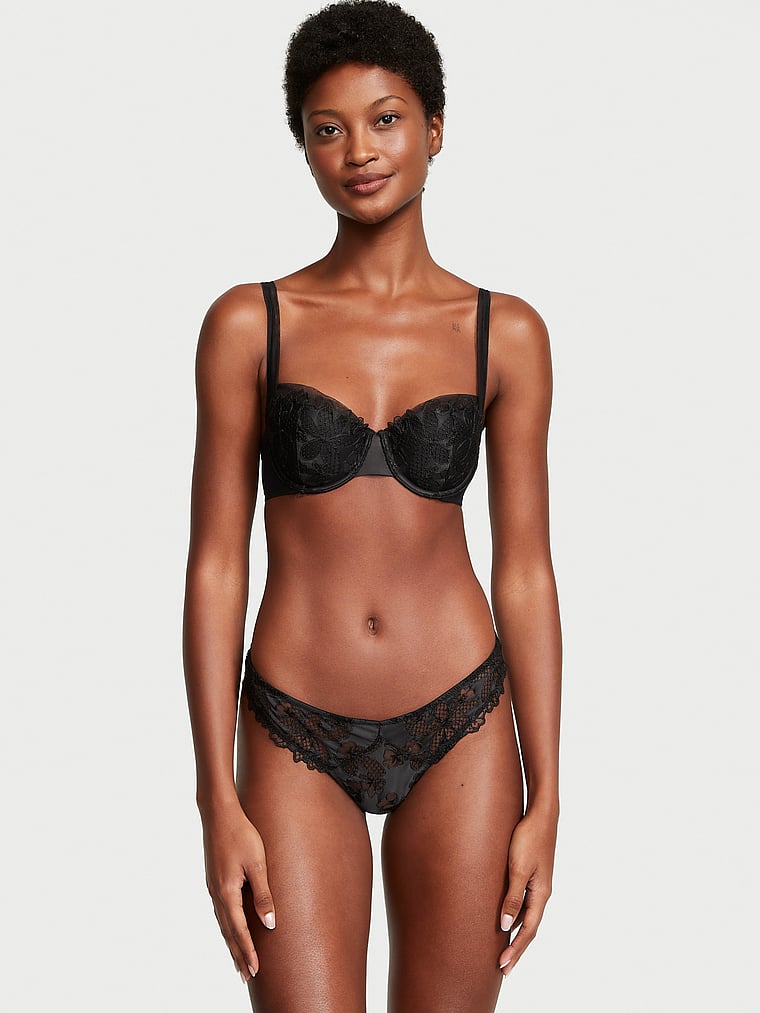 Victoria's Secret, Very Sexy Satin Ziggy Glam Floral Embroidery Lightly Lined Balconette Bra, Black, onModelSide, 3 of 4