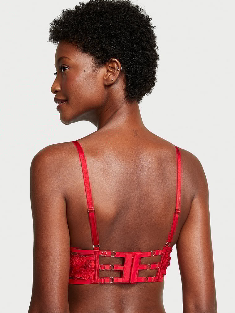 Victoria's Secret, Very Sexy Satin Ziggy Glam Floral Embroidery Strappy Open-Cup Bra , Lipstick, onModelBack, 3 of 5