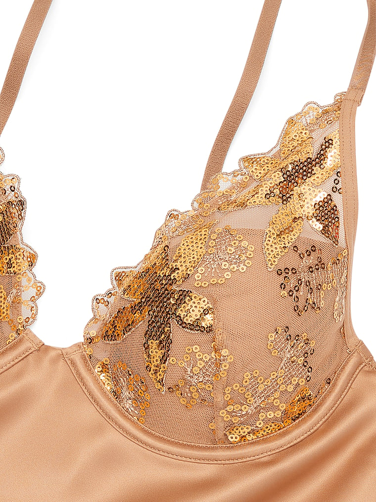 Victoria's Secret, Victoria's Secret Gold Sequined Ziggy Glam Floral Embroidery Underwire Slip, detail, 4 of 4