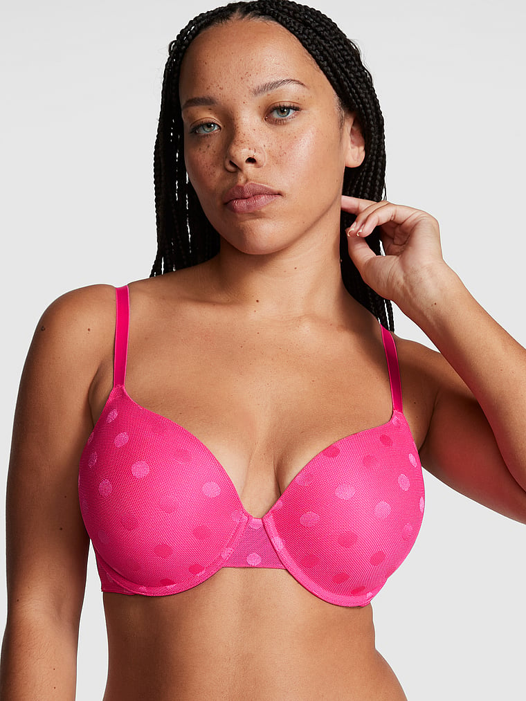 PINK Wear Everywhere Wear Everywhere Lightly Lined T-Shirt Bra, Enchanted Pink, onModelFront, 1 of 5 Eden is 5'8" and wears 34DD (E) or Large