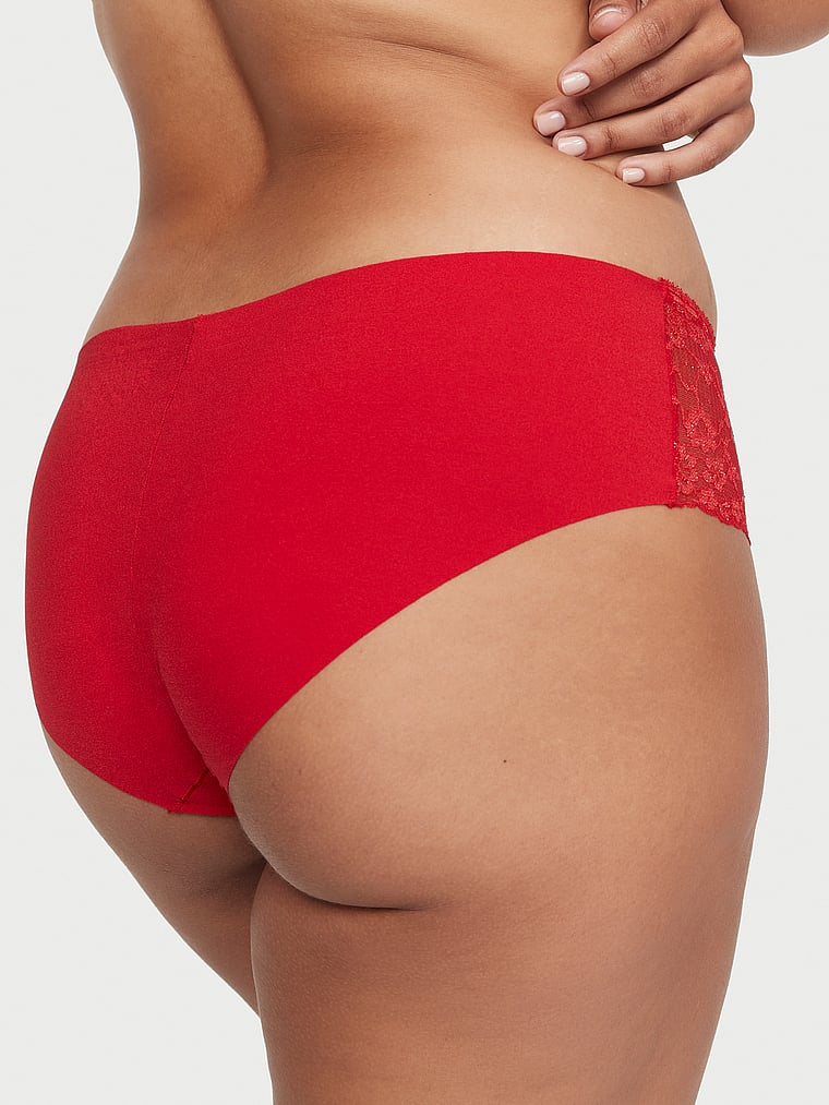 Victoria's Secret, No-Show Shimmer Lace-Inset No-Show Hiphugger Panty, Lipstick Shimmer, onModelBack, 2 of 4 Luisa Angelica  is 5'10" and wears Large