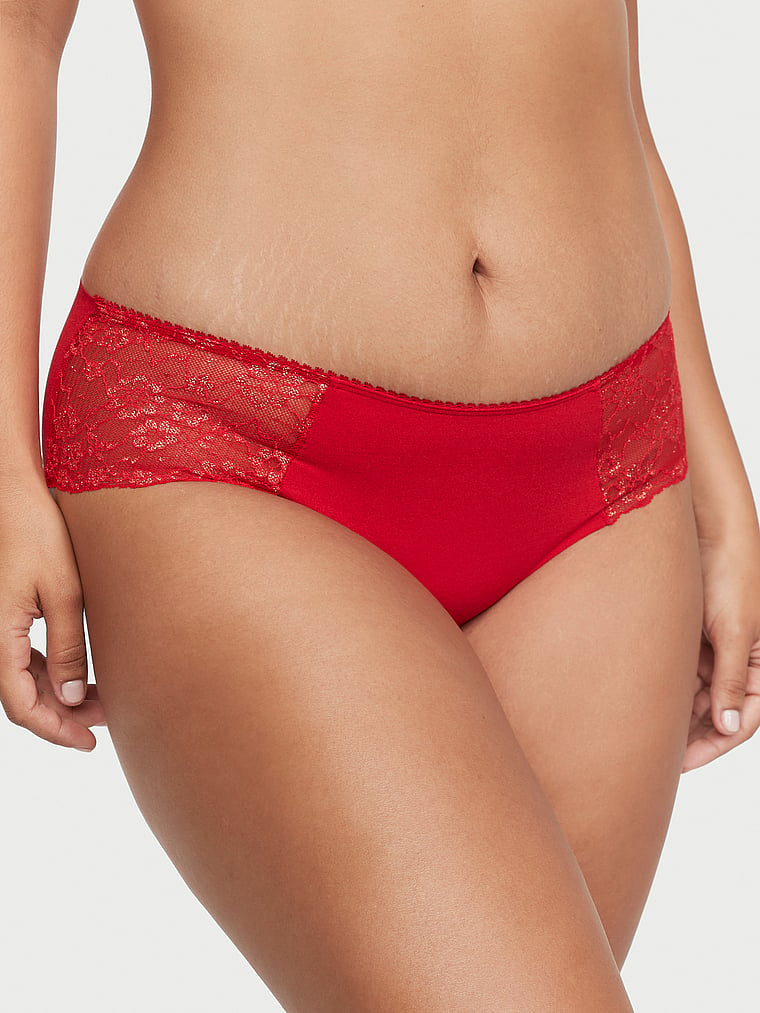 Victoria's Secret, No-Show Shimmer Lace-Inset No-Show Hiphugger Panty, Lipstick Shimmer, onModelFront, 1 of 4 Luisa Angelica  is 5'10" or 178cm and wears Large
