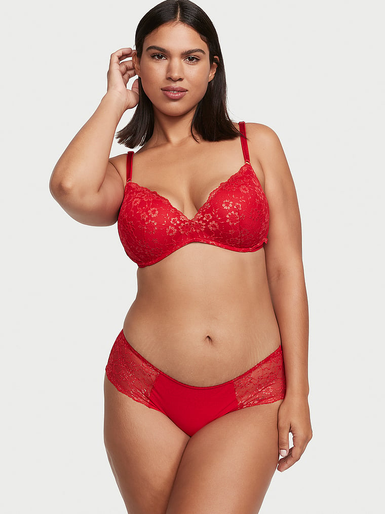 Victoria's Secret, No-Show Shimmer Lace-Inset No-Show Hiphugger Panty, Lipstick Shimmer, onModelSide, 3 of 4 Luisa Angelica  is 5'10" and wears Large