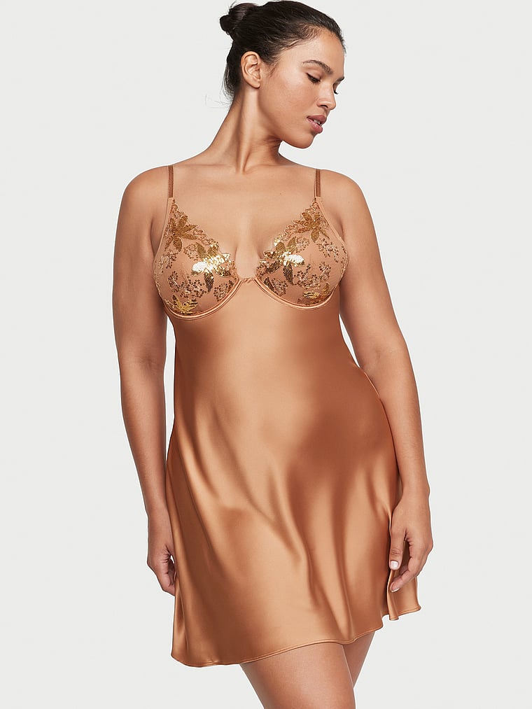 Victoria's Secret, Victoria's Secret Gold Sequined Ziggy Glam Floral Embroidery Underwire Slip, onModelFront, 1 of 4