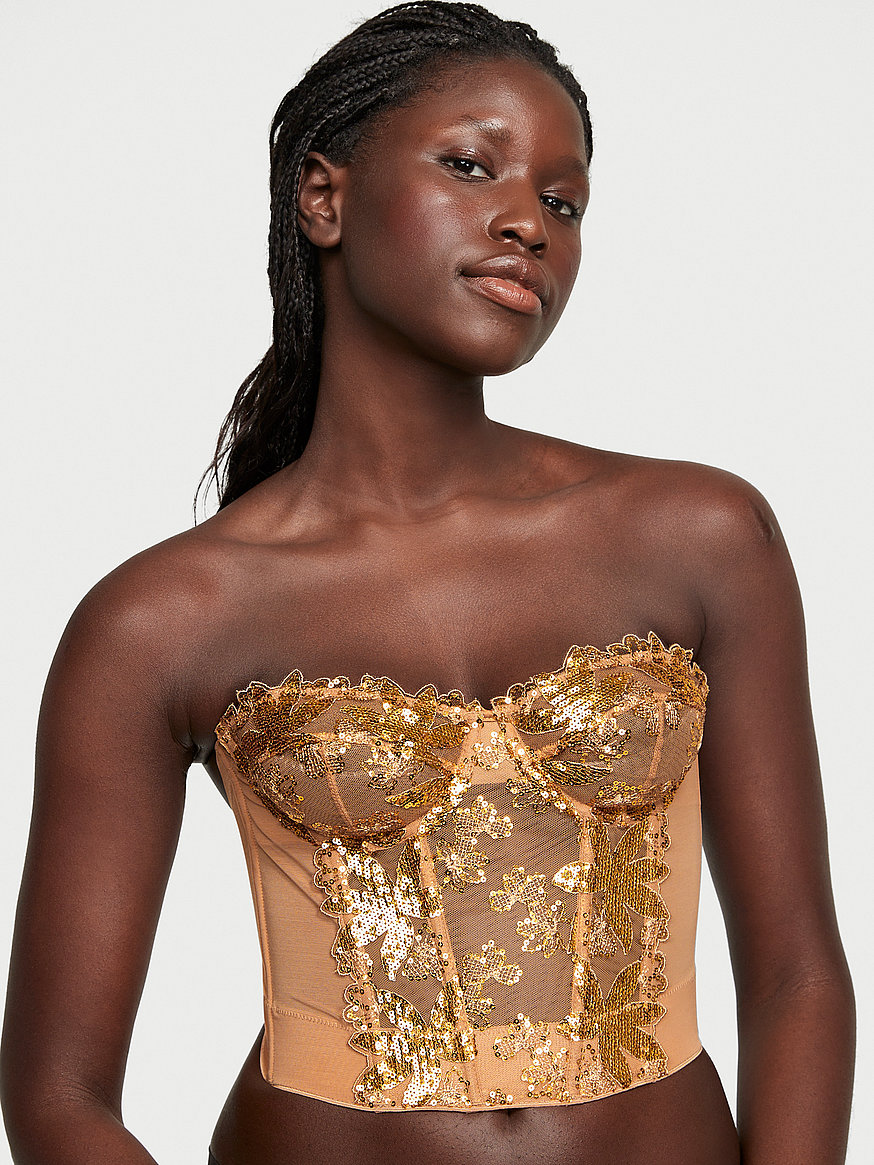 Buy Gold Sequined Ziggy Glam Floral Embroidery Unlined Corset Top - Order  Bras online 1123062700 - Victoria's Secret US