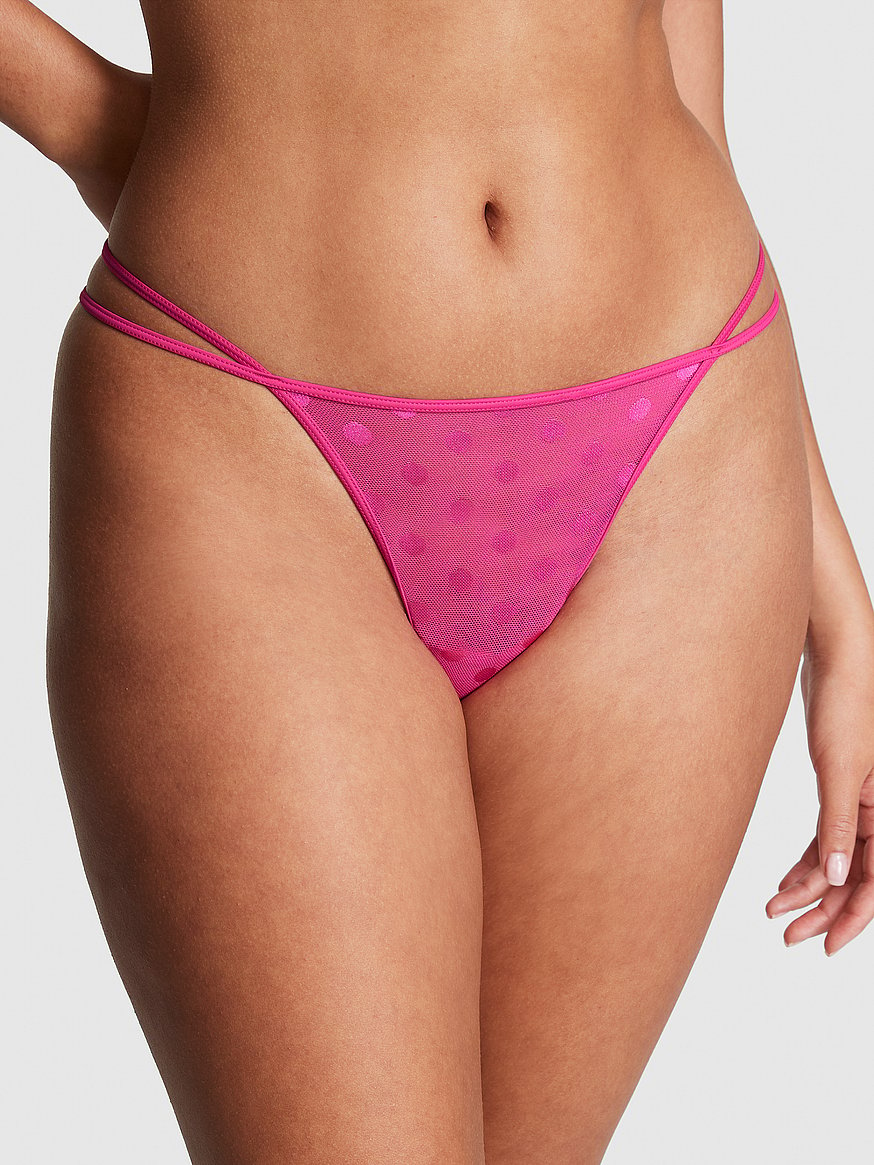 Hot Pink Dobby Mesh Strappy Thong, Lingerie