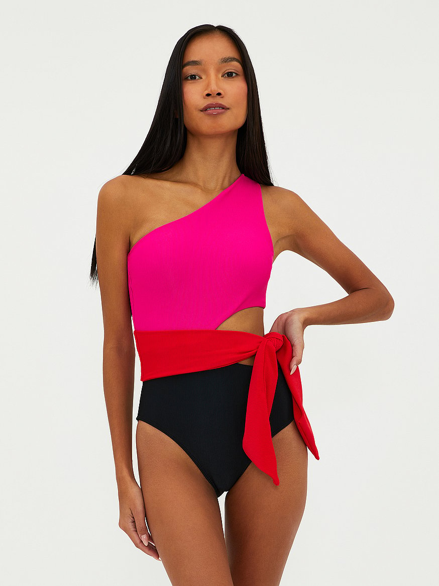 Women's One Piece Swimsuit Wrap Color Block Tie Side Bathing Suit, Color  Matching L 