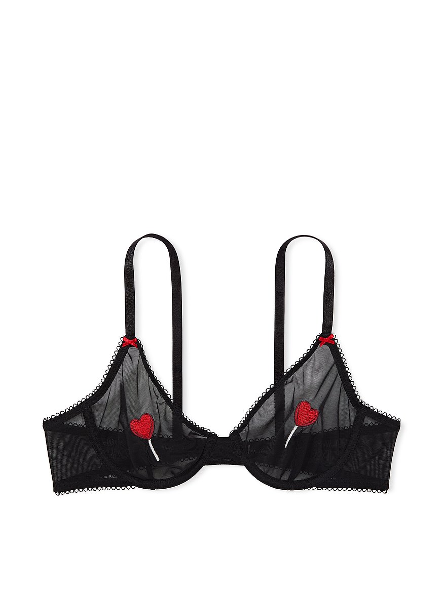 Victoria's Secret Red Black Lace Unlined Demi Bra Valentines - 36C