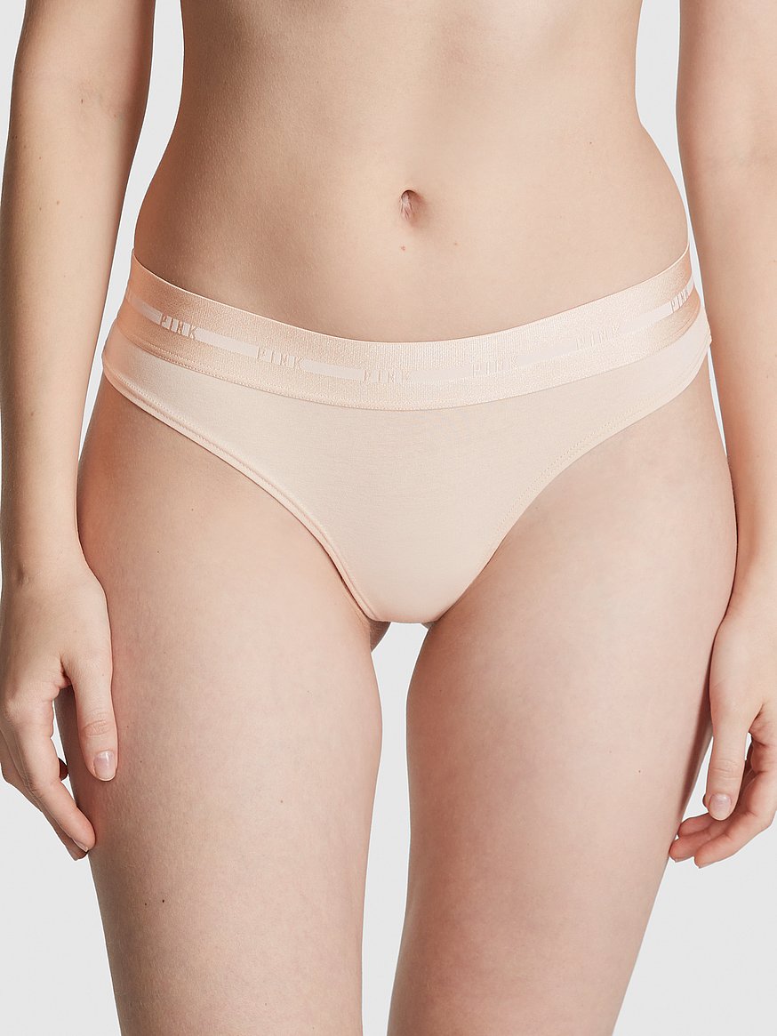 Victoria Secret PINK Panty Small Thong Green White Stripe Banded Logo Trim  New