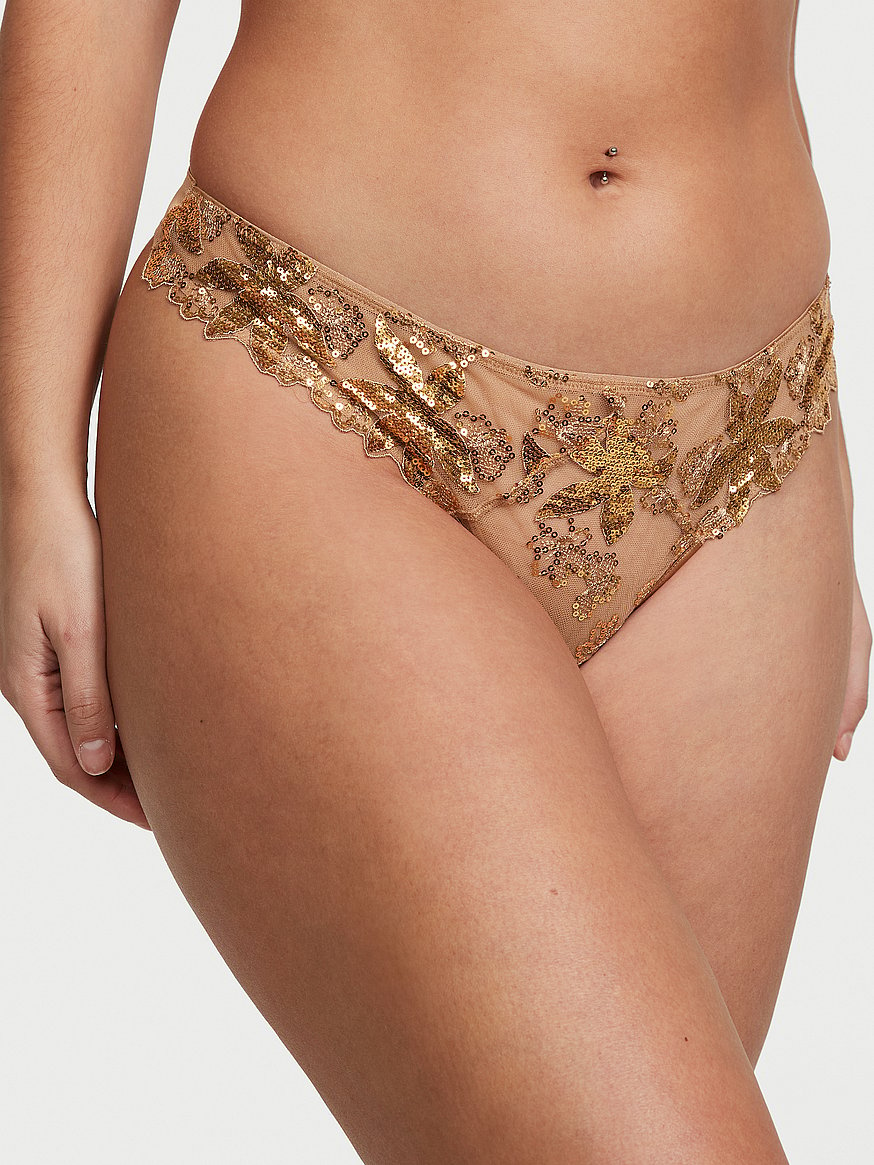 Gold Sequined Ziggy Glam Floral Embroidery Thong Panty