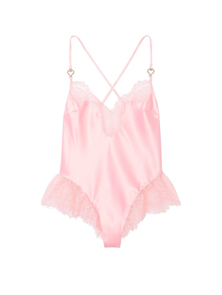 Satin Lace Shine Heart Hardware High-Leg Romper