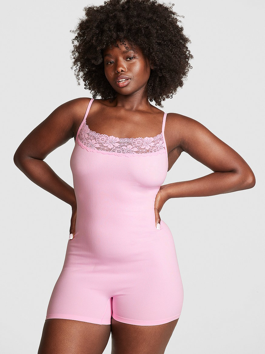 Buy Wink Seamless Rib Lace-Trim Bodysuit - Order Pajama Tops