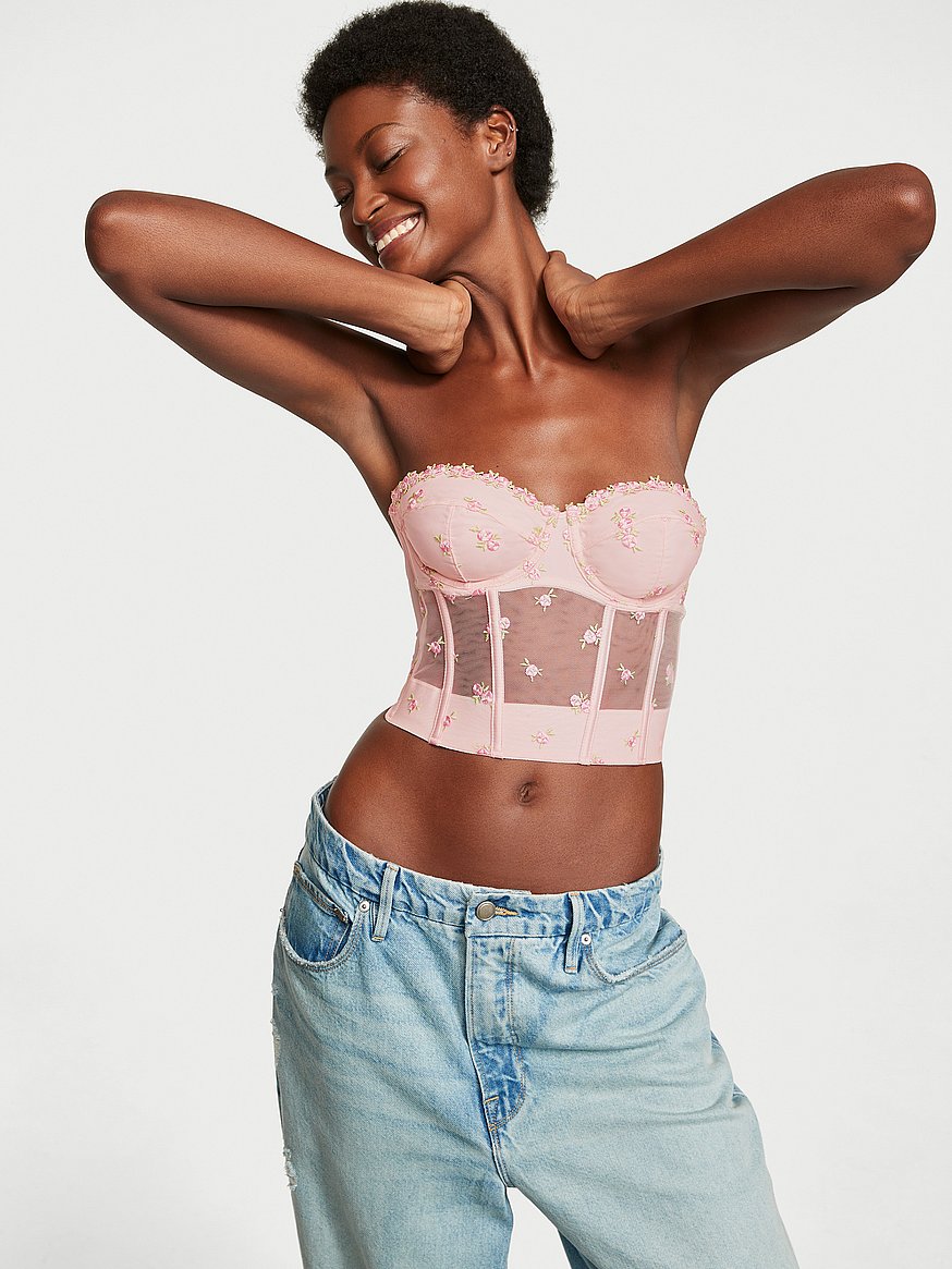 Rosebud Embroidery Unlined Strapless Plunge-Back Corset Top