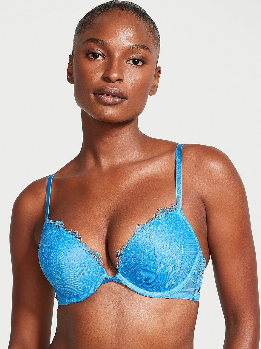Victoria's Secret Blue Lace Push Up Back Smoothing Bra 34B Size undefined -  $19 - From Destiny