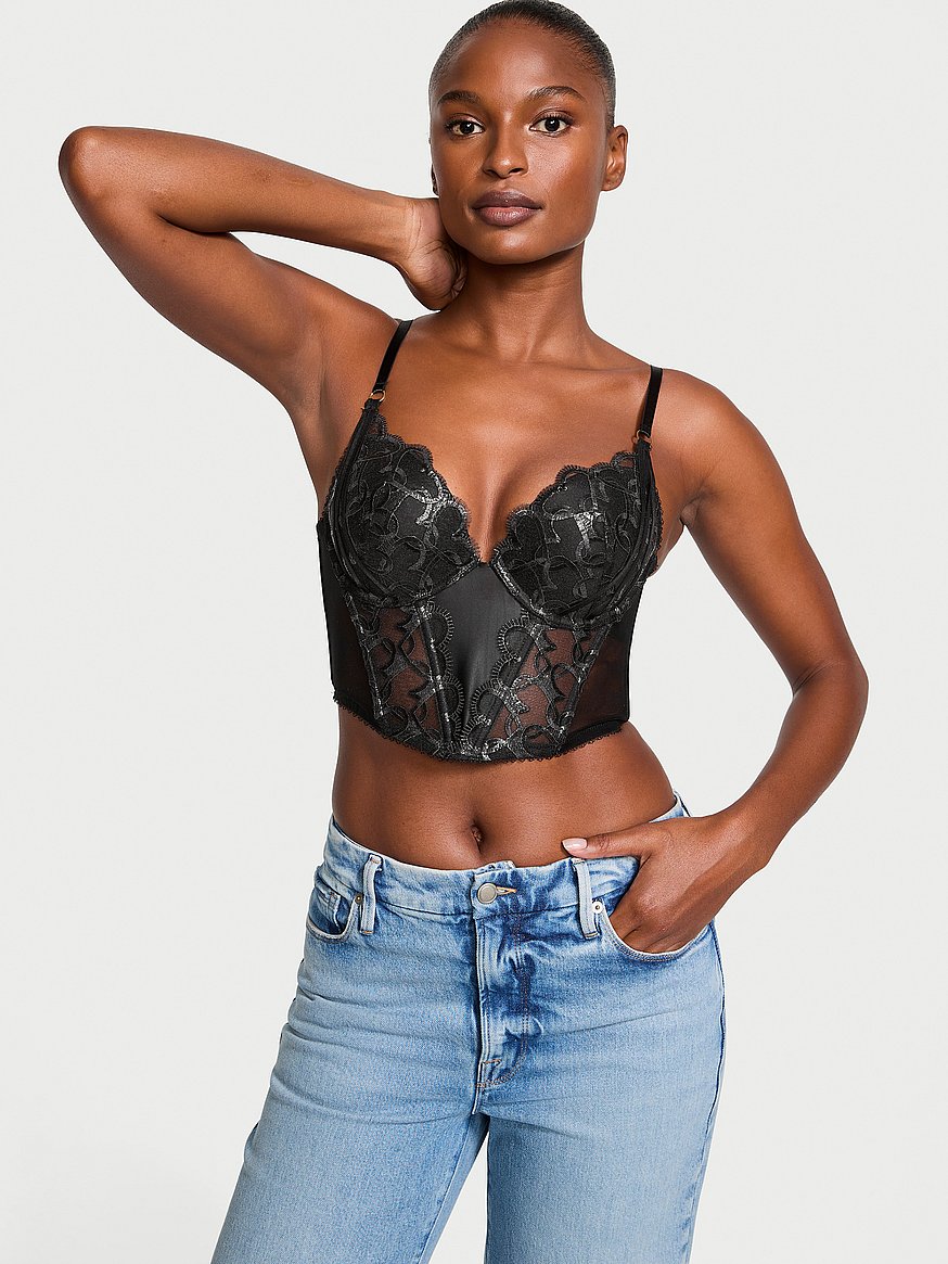 Shimmer Heart Embroidery Push-Up Corset Top