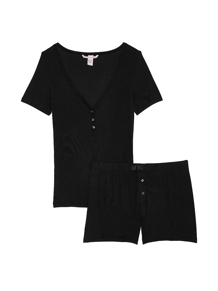Buy Ribbed Modal Short-Sleeve Henley & Boxer Shorts Set, Black