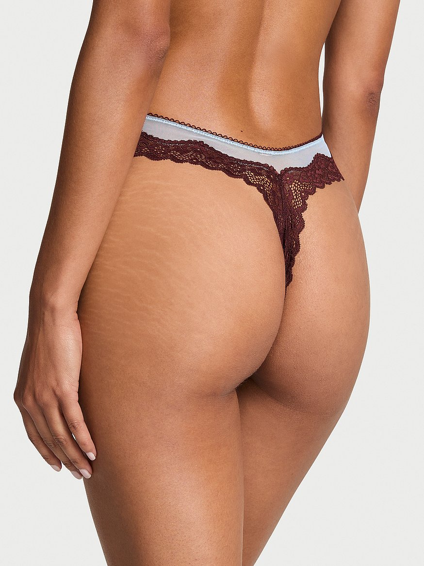 Tease Mesh Lace-Trim High-Leg Thong Panty