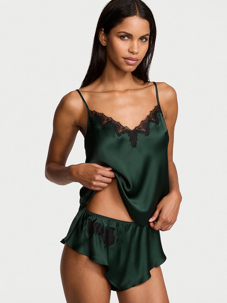 Buy Satin Rose Lace-Trim Cami & Flutter Short Set, Botanical Green