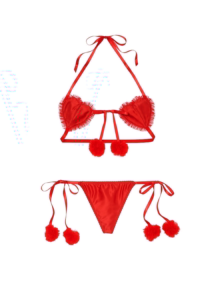 Heartbreaker Satin Pom Pom Fashion Lingerie Set