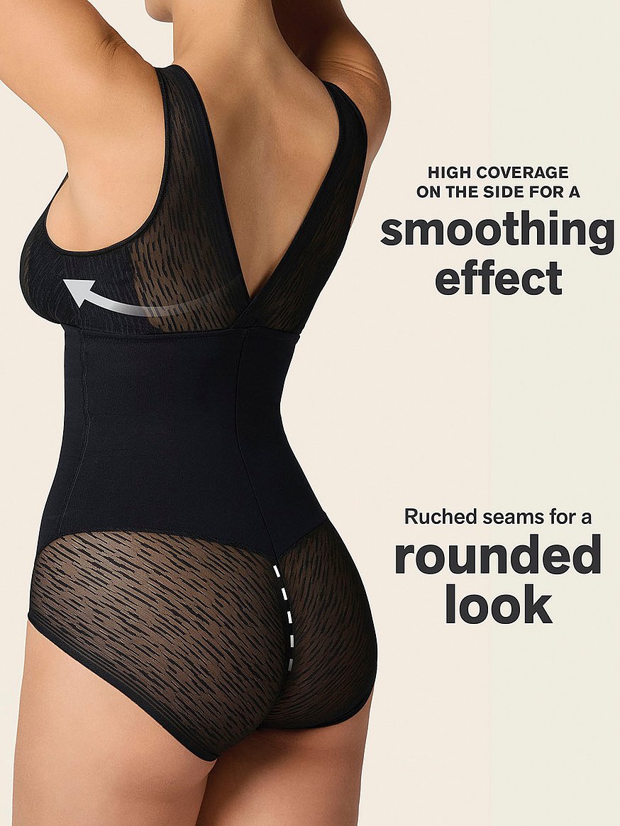 Buy Sheer Stripe Detail Sculpting Bodysuit, Black - Order Shapwear