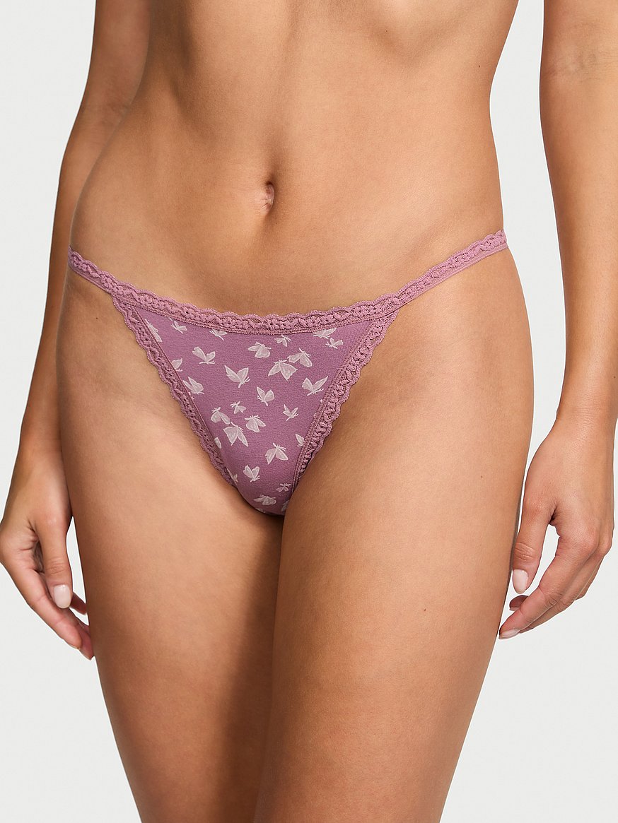 Lace-Trim Cotton V-String Panty