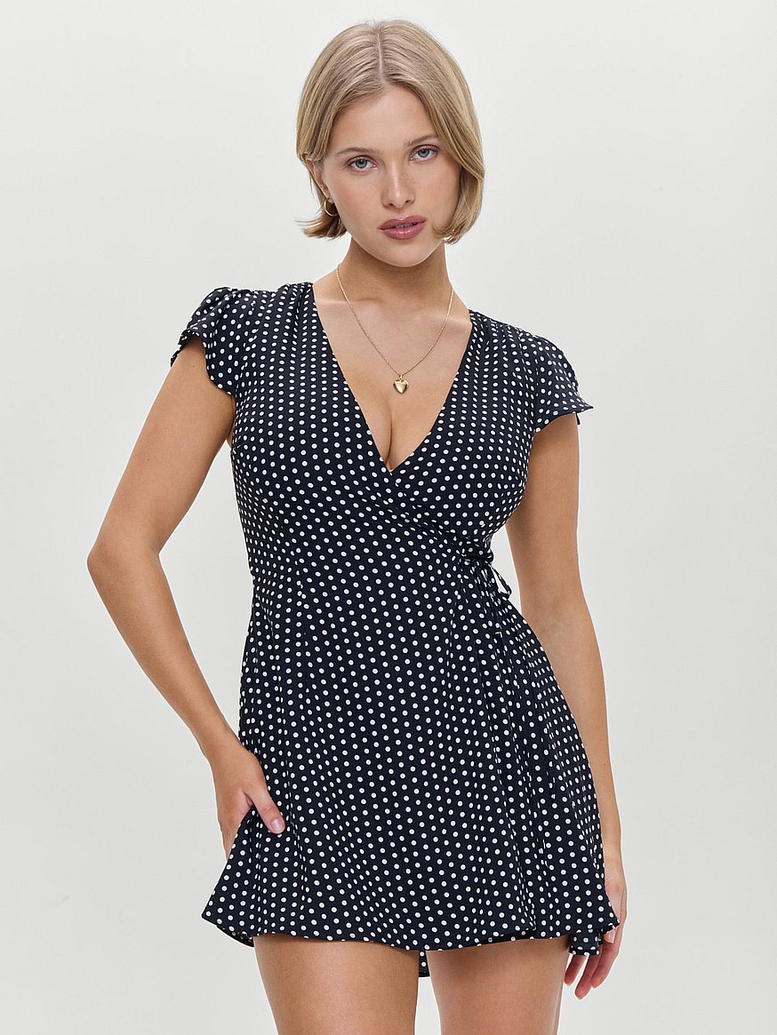 frankies bikinis lucy wrap mini dress Lucy Wrap Mini Dress Frankies Polka Dot