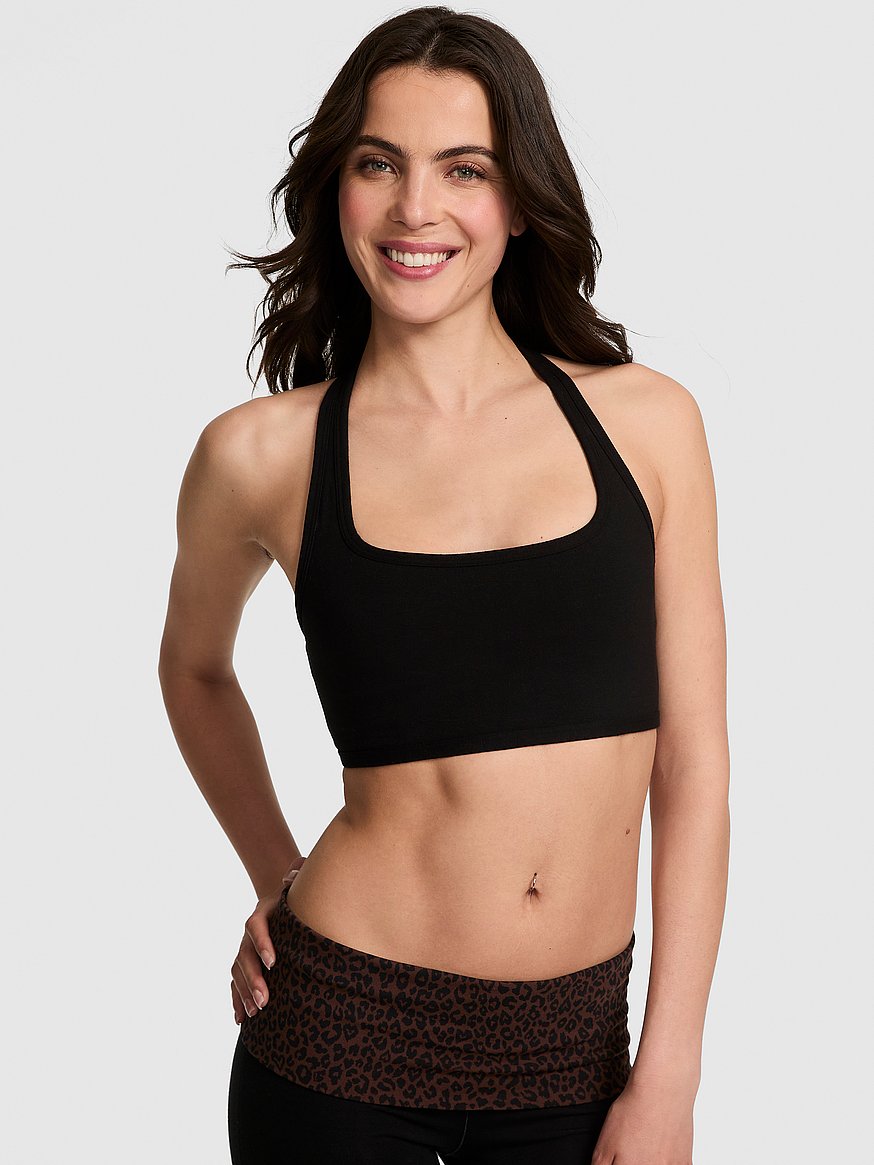 Pink All-Day Cotton Halter Sports Bra - Black
