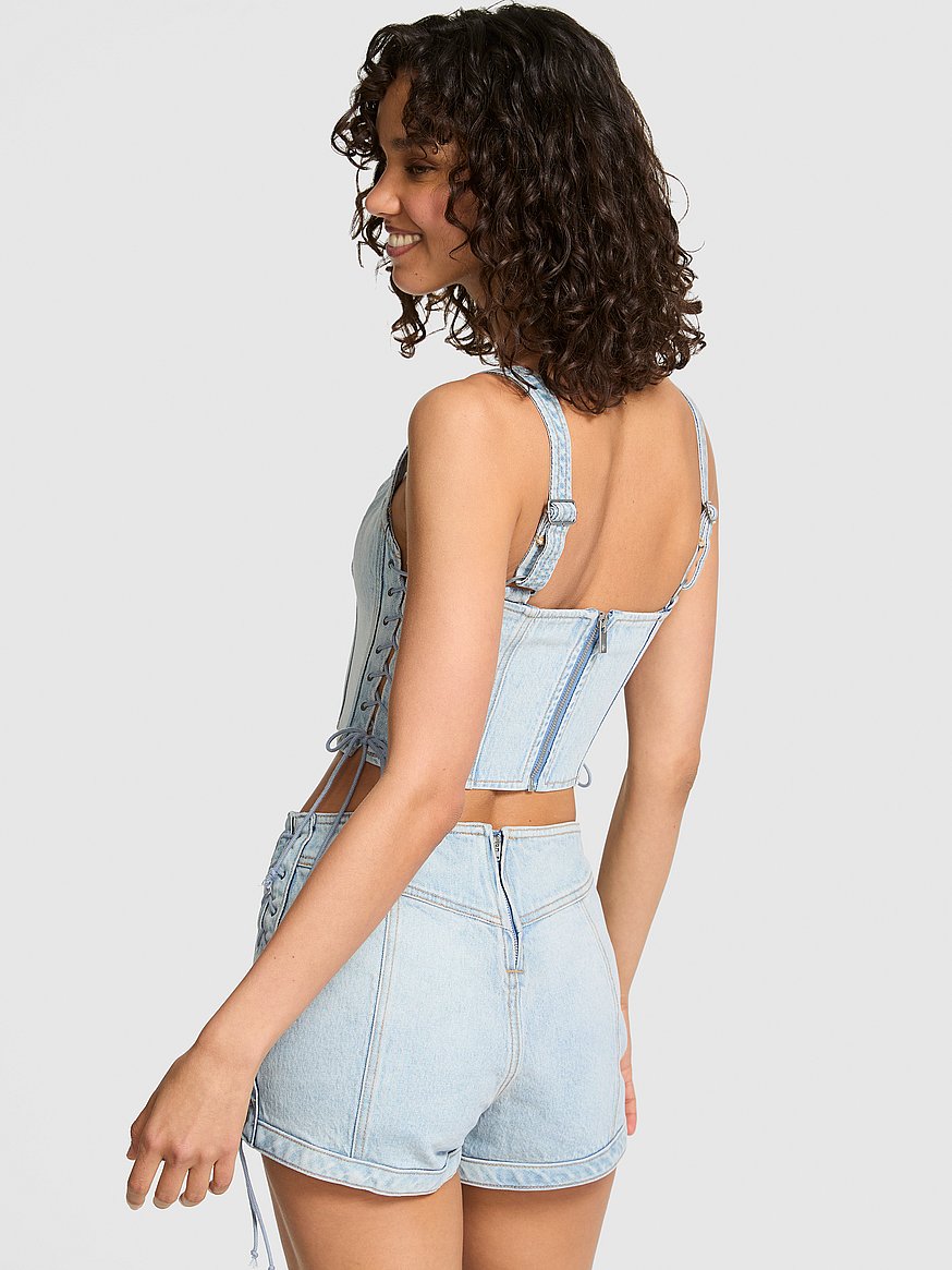 Buy Denim by PINK Side Lace-Up Corset Top, Extra Light Wash