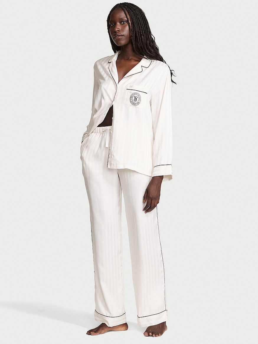 Buy Glazed Satin Long Pajama Set, Coconut White - Order Pajamas