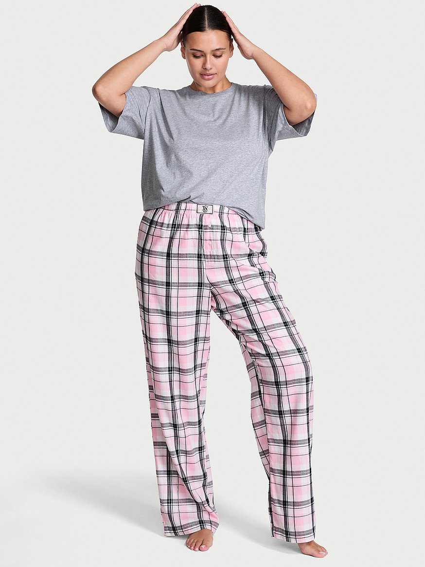 【在庫１】【サイズＭ】半袖フランネルパジャマ Victoria's Secret Buy Flannel Short-Sleeve Long Tee-Jama Set, Coconut White/Black