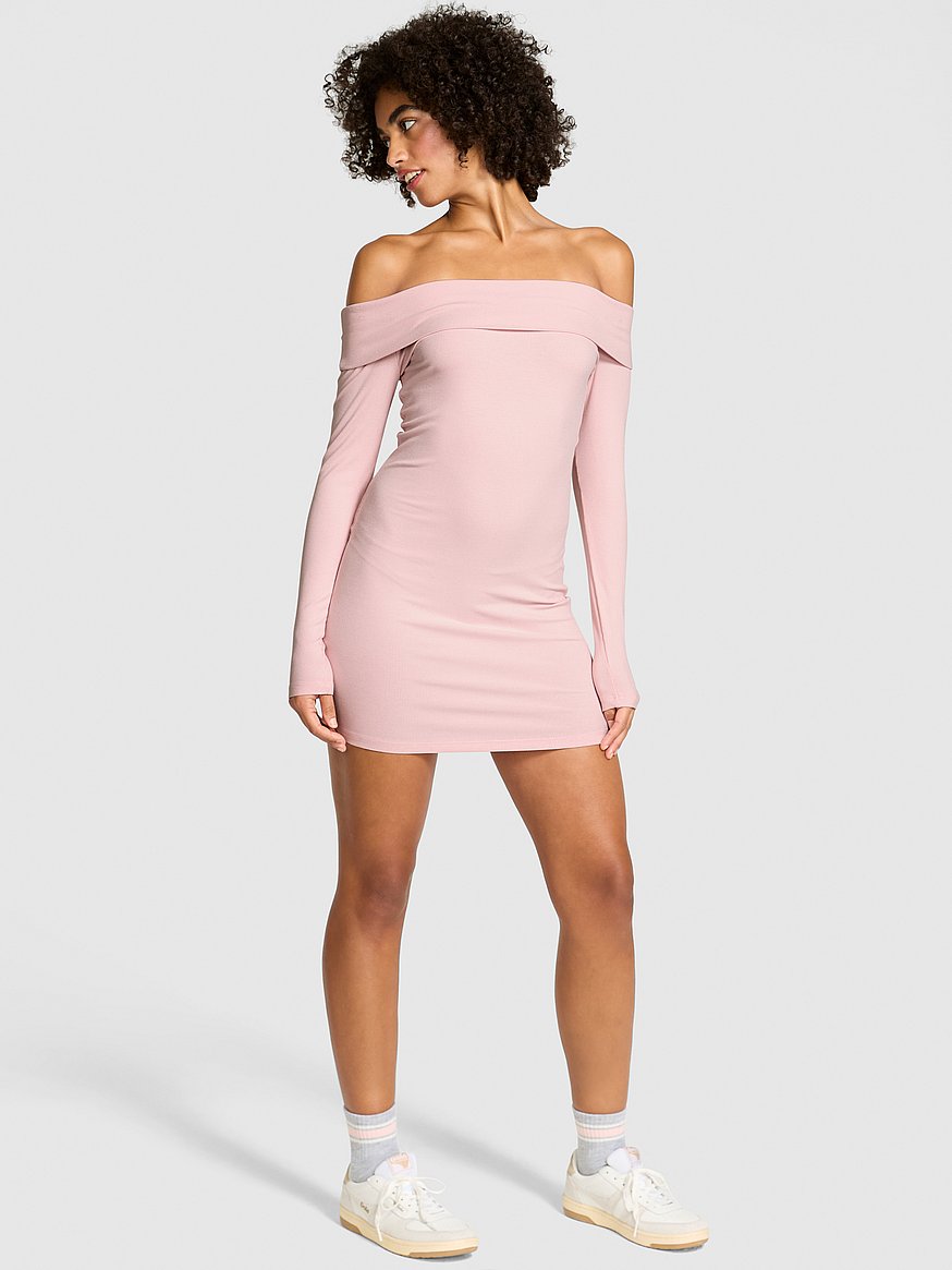 All-Day Soft Ribbed Off-The-Shoulder Mini Dress