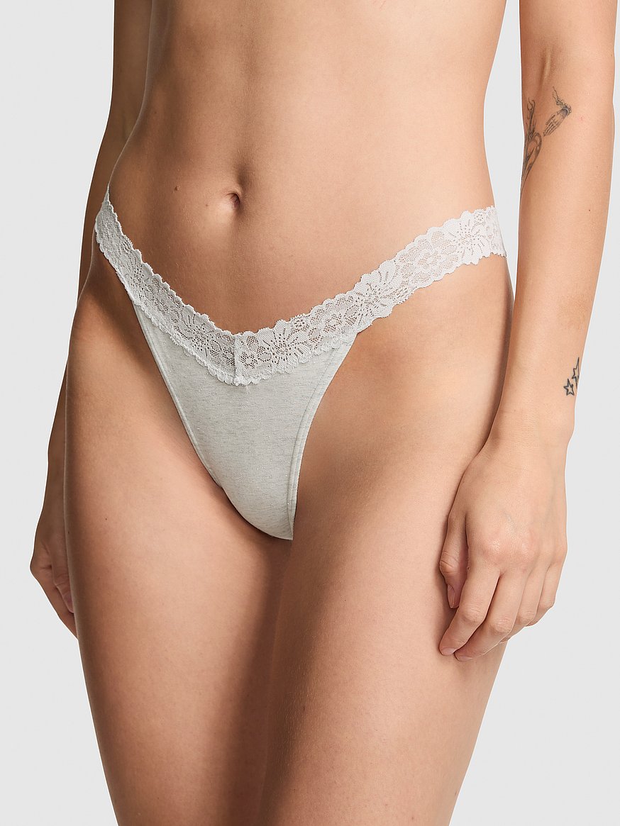 Cotton Lace-Trim Thong Panty