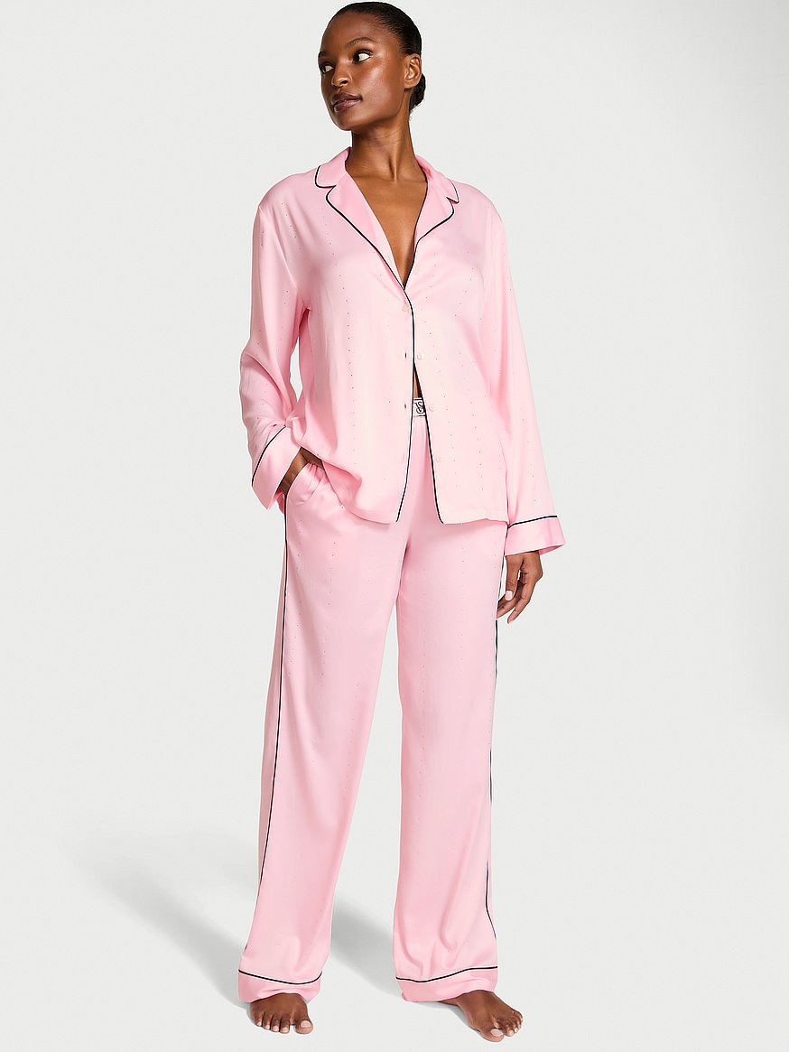 Buy Satin Shine Stripe Long Pajama Set, Pink - Order Pajamas Sets