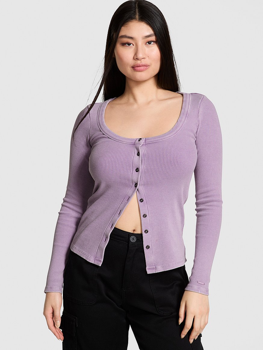 Vintage Ribbed Button-Down Long-Sleeve Tee