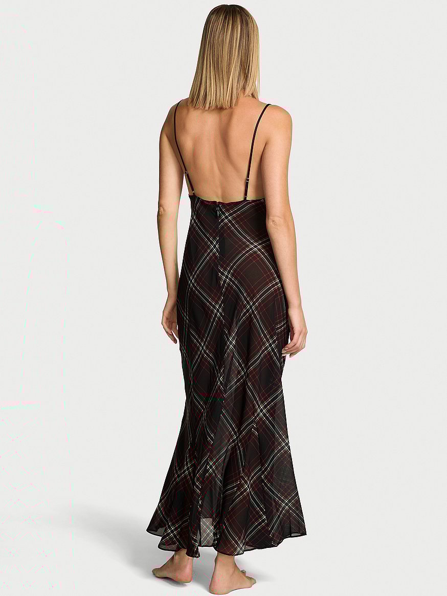 Buy Chiffon Tartan Draped Maxi Slip Dress, Black Plaid - Order