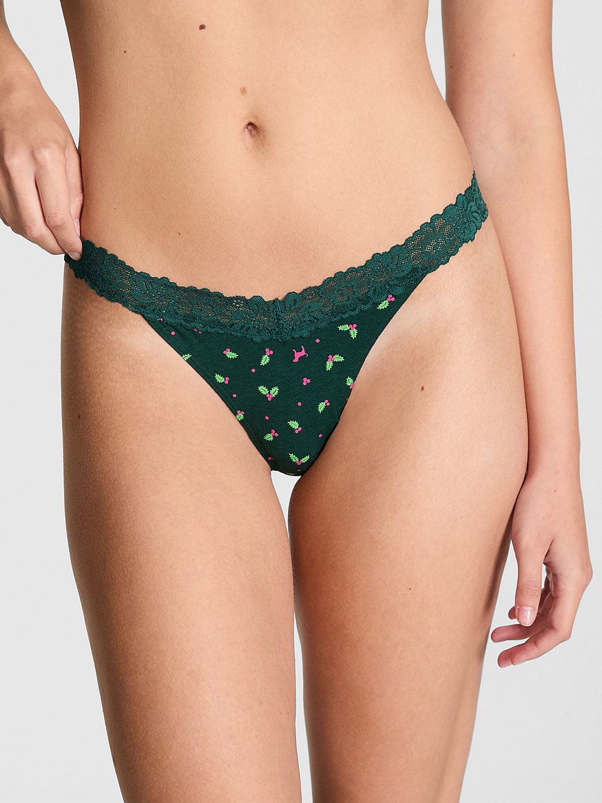 Cotton Lace-Trim Thong Panty