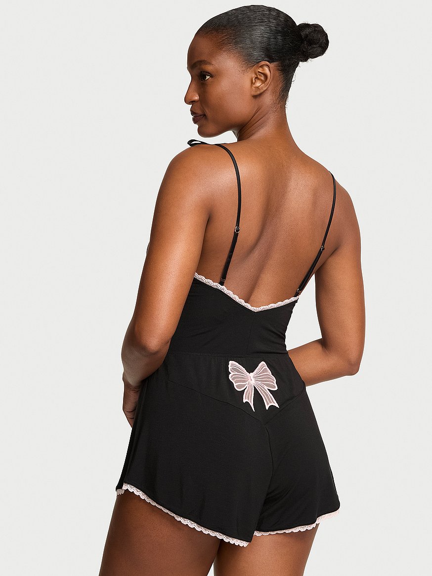 Modal Lace-Trim Bow Short Romper