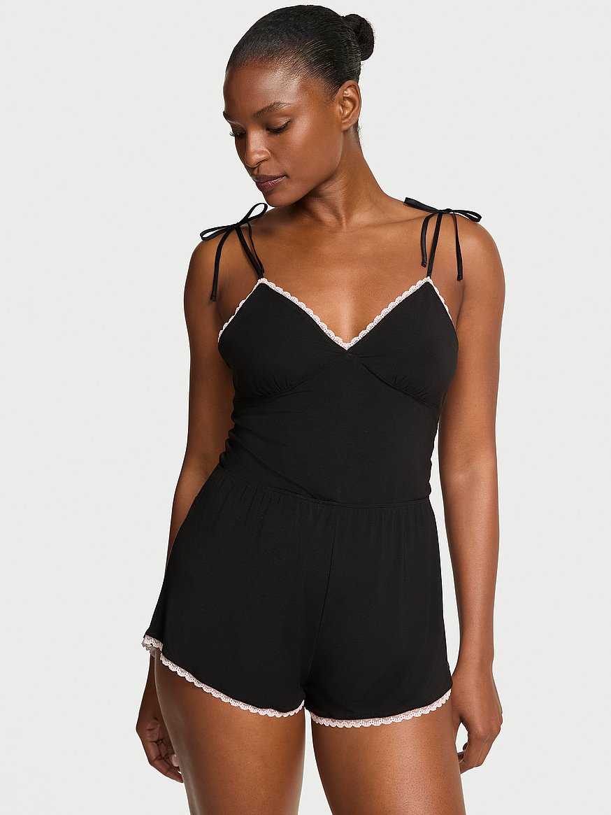 Modal Lace-Trim Bow Short Romper