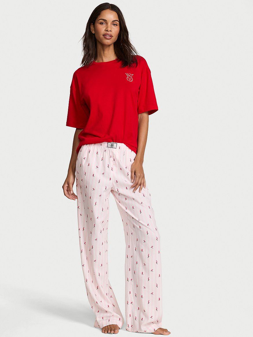Buy Flannel Short-Sleeve Long Tee-Jama Set, Red - Order Pajamas
