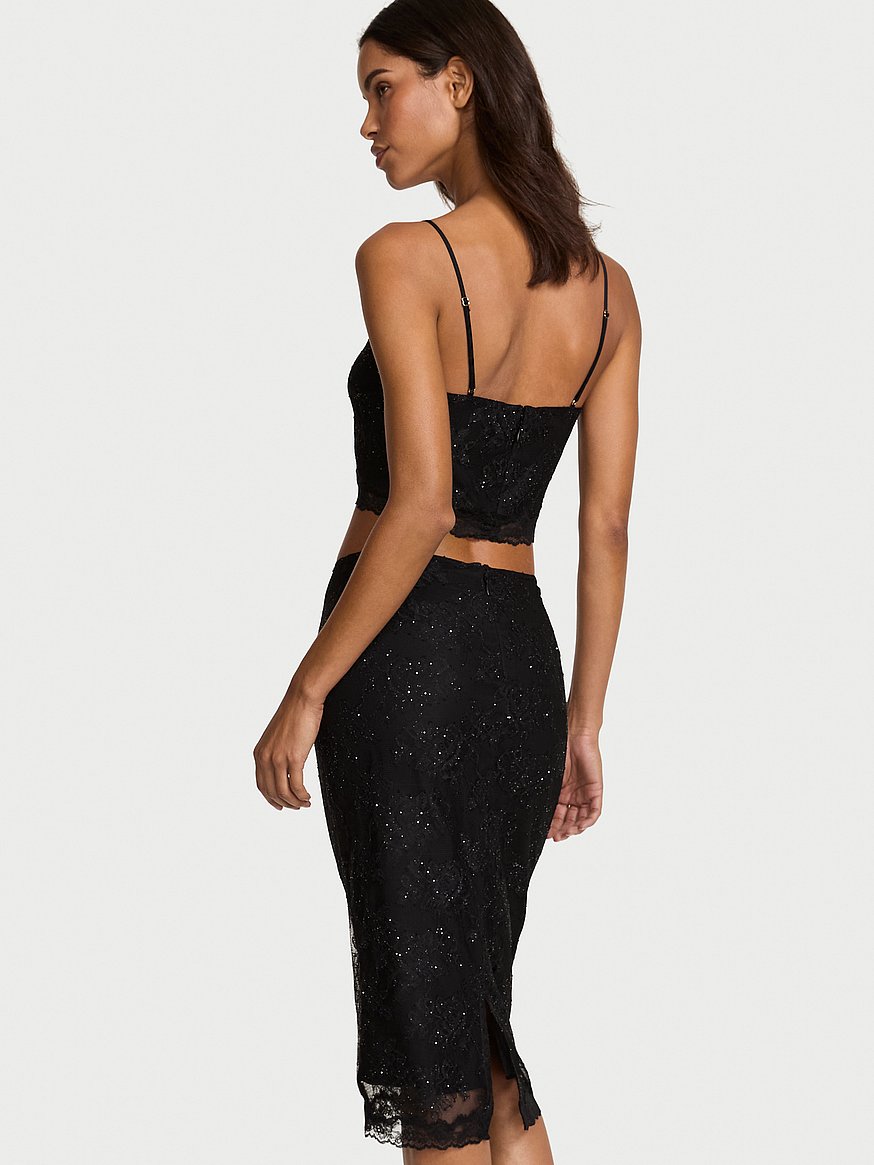 Rose Lace Shimmer Crop Top & Skirt Set