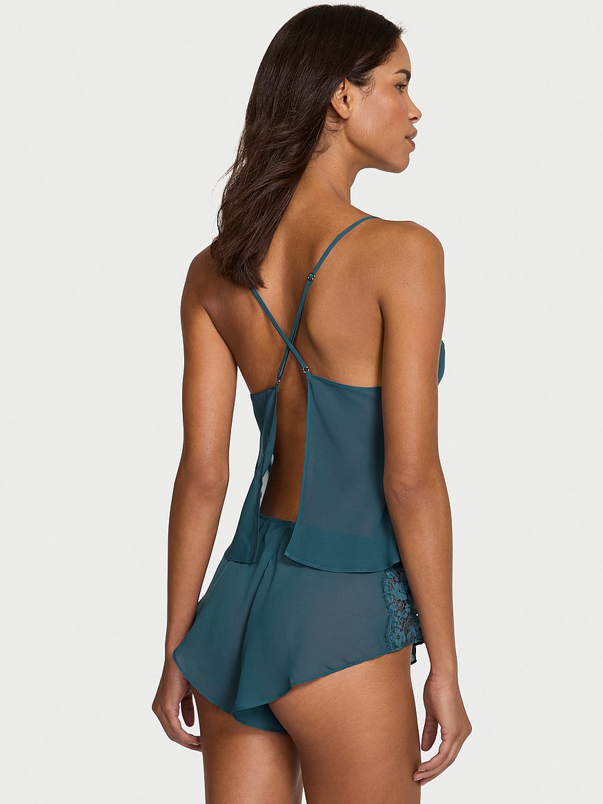 Chiffon & Lace Open-Back Flutter Cami Set