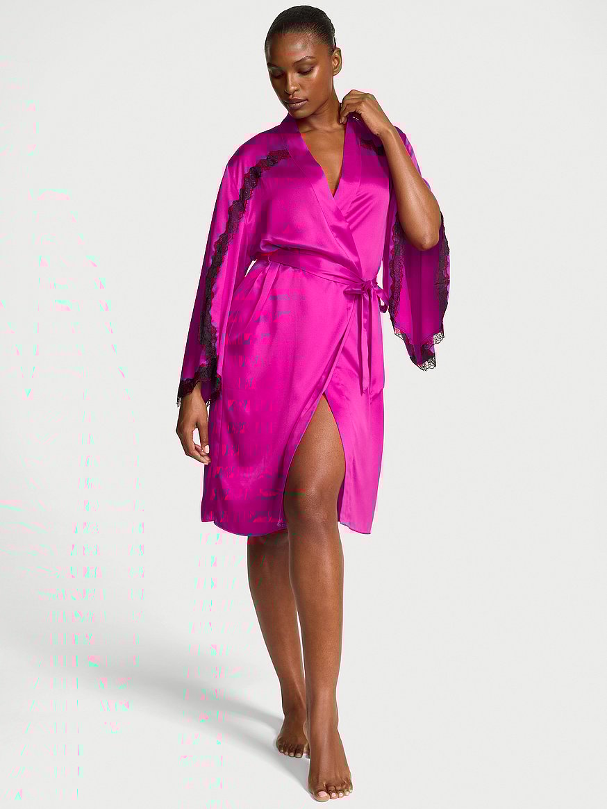 Satin Rose Lace-Trim Midi Robe