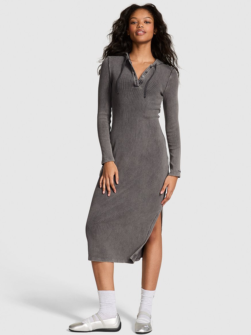 Vintage Ribbed Henley Hoodie Dress